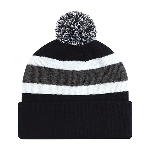AJM Junior Acrylic Cuff Pom Pom Toque in Black/Charcoal/White