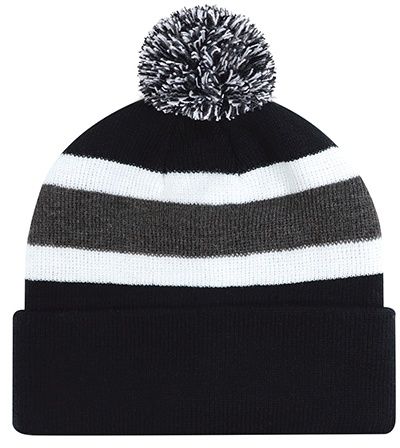 Am image of a Custom AJM Junior Acrylic Cuff Pom Pom Toque in Black/Charcoal/White!