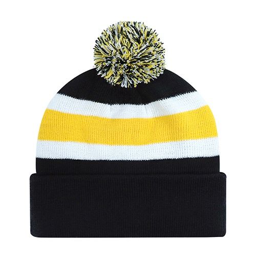AJM Junior Acrylic Cuff Pom Pom Toque in Black/Gold/White