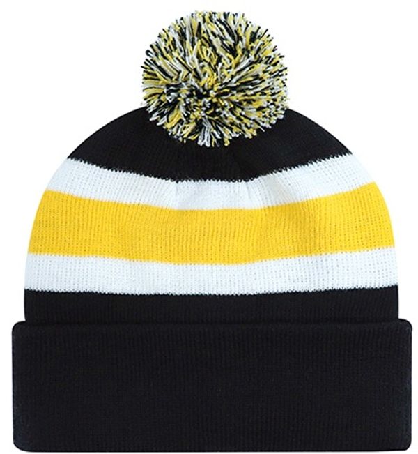 Am image of a Custom AJM Junior Acrylic Cuff Pom Pom Toque in Black/Gold/White!