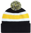 Am image of a Custom AJM Junior Acrylic Cuff Pom Pom Toque in Black/Gold/White!