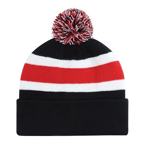 AJM Junior Acrylic Cuff Pom Pom Toque in Black/Red/White