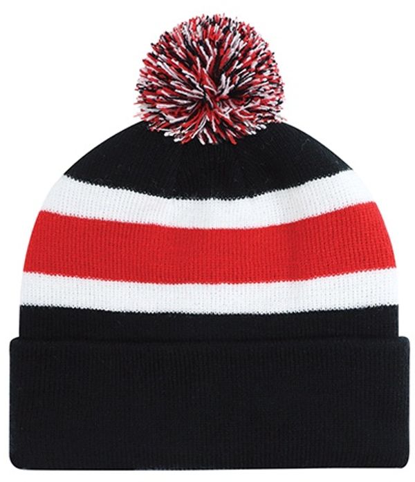 Am image of a Custom AJM Junior Acrylic Cuff Pom Pom Toque in Black/Red/White!