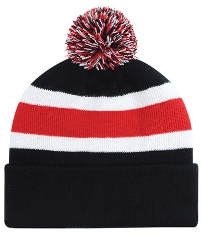 Am image of a Custom AJM Junior Acrylic Cuff Pom Pom Toque in Black/Red/White!