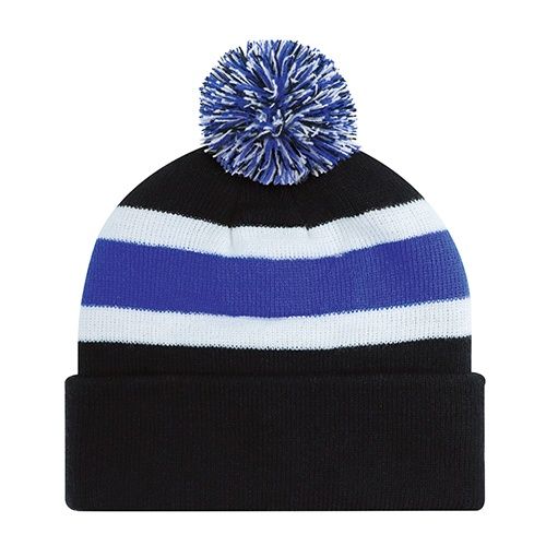 AJM Junior Acrylic Cuff Pom Pom Toque in Black/Royal Blue/White