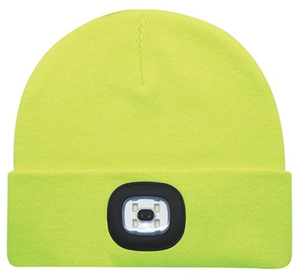 Am image of a Custom AJM Acrylic Cuff Toque with LED Headlight in Safety Green!