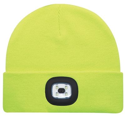 Am image of a Custom AJM Acrylic Cuff Toque with LED Headlight in Safety Green!