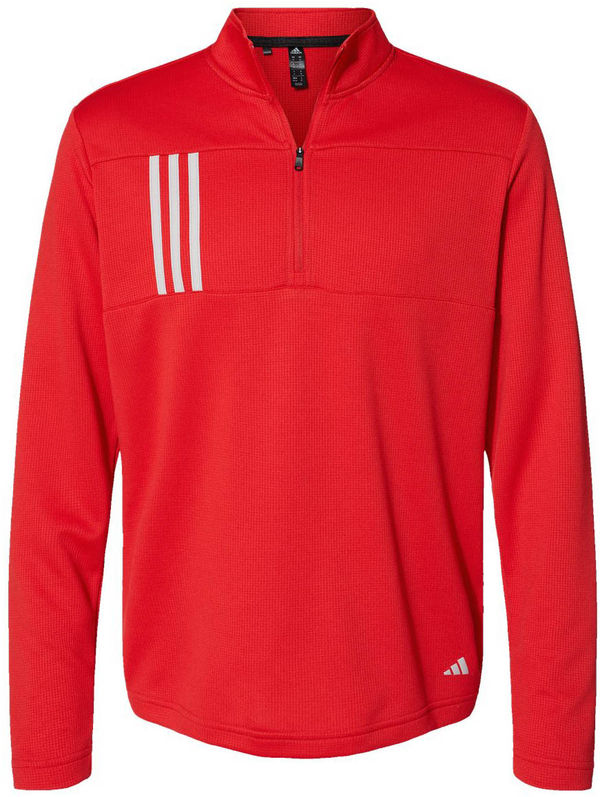An image of a Custom Adidas 3 Stripes Double Knit Quarter Zip Pullover in Team Collegiate Red!