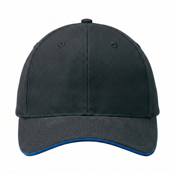An image of a Custom AJM Brushed Cotton Drill Sandwich Bill Cap in Black/Royal Blue!