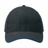 An image of a Custom AJM Brushed Cotton Drill Sandwich Bill Cap in Black/Royal Blue!