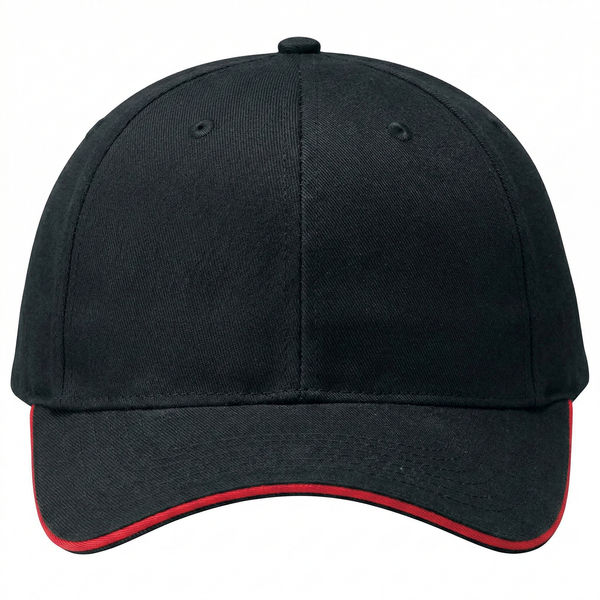 An image of a Custom AJM Brushed Cotton Drill Sandwich Bill Cap in Black/Scarlet Red!