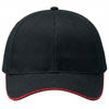 An image of a Custom AJM Brushed Cotton Drill Sandwich Bill Cap in Black/Scarlet Red!
