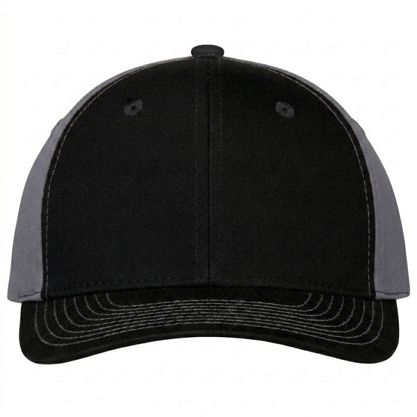 An image of a Custom AJM Deluxe Chino Twill Cap in Black/Black/Charcoal!