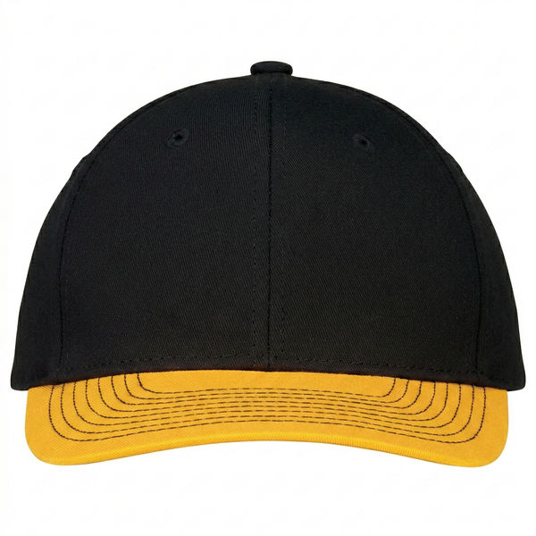 An image of a Custom AJM Deluxe Chino Twill Cap in Gold/Black/Black!