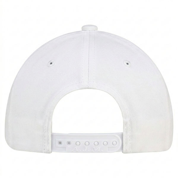 An image of a Custom AJM Deluxe Chino Twill Cap in White!