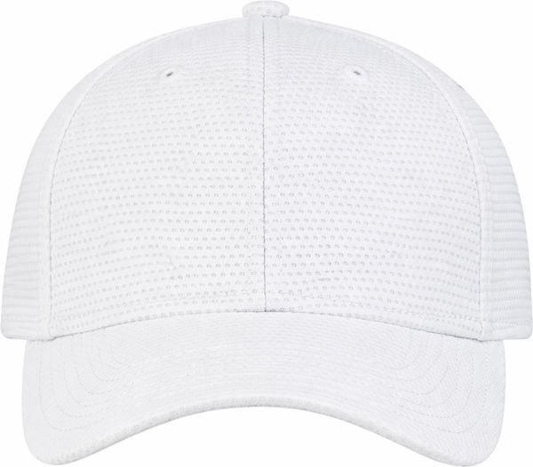 An image of a Custom AJM Deluxe Performance Polyester Fused Mesh Cap in White!