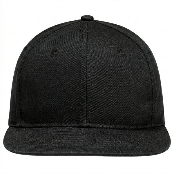 An image of a Custom AJM Flat Peak Deluxe Chino Twill Cap in Black!