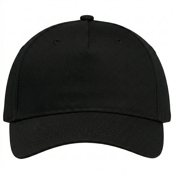 An image of a Custom AJM Polycotton 5 Panel Constructed Full Fit Five Cap in Black!