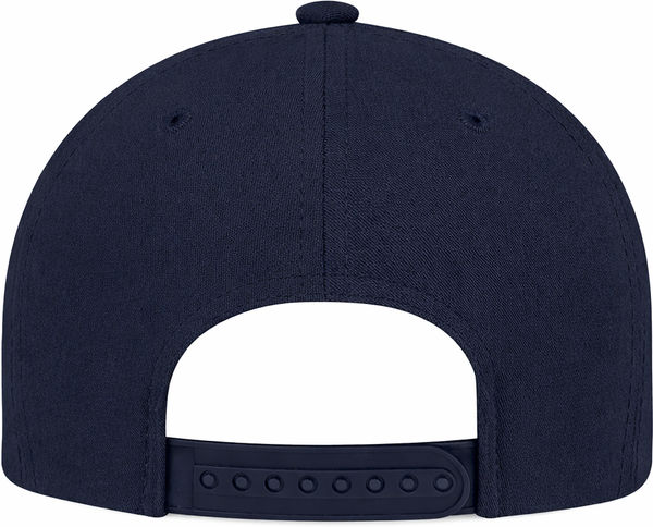 An image of a Custom AJM Polycotton 5 Panel Constructed Full Fit Five Cap in Navy Blue!