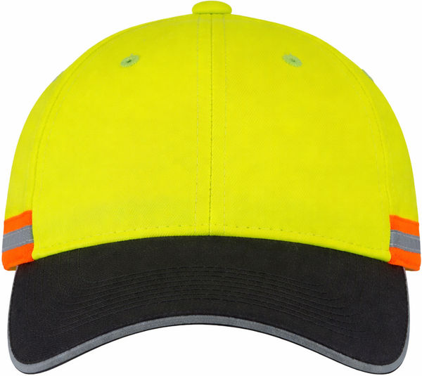 An image of a Custom AJM Polycotton 6 Panel Constructed Reflective Safety Cap in Black/Safety Green/Reflective Grey!