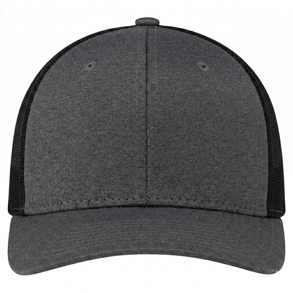 An image of a Custom AJM Polyester Heather Nylon Mesh Hat in Black/black!