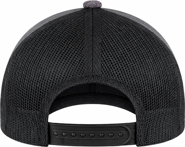 An image of a Custom AJM Polyester Heather Nylon Mesh Hat in Black/black!