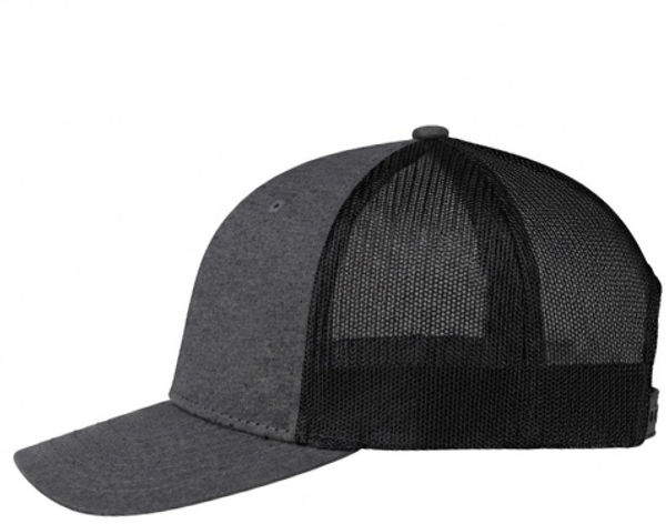 An image of a Custom AJM Polyester Heather Nylon Mesh Hat in Black/black!
