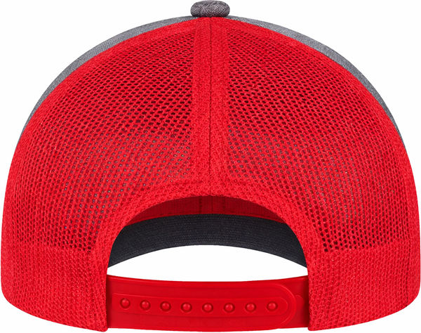 An image of a Custom AJM Polyester Heather Nylon Mesh Hat in Black/Red!