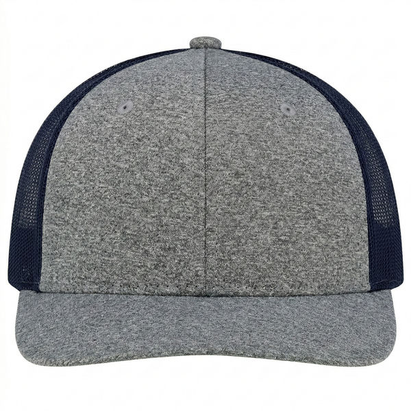 An image of a Custom AJM Polyester Heather Nylon Mesh Hat in Charcoal/Navy!