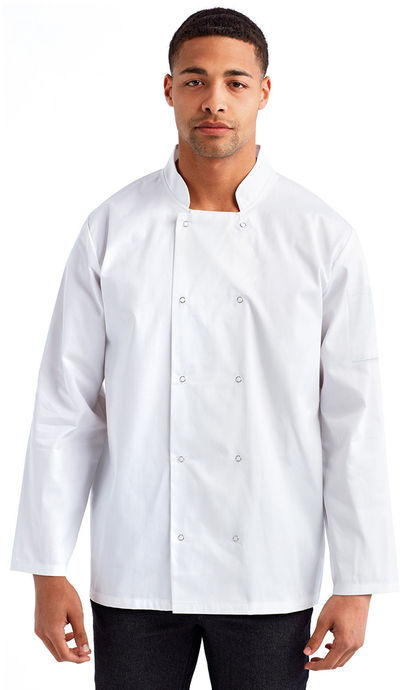 An image of a Custom Artisan Collection by Reprime Unisex Studded Front Long Sleeve Chef's Jacket!