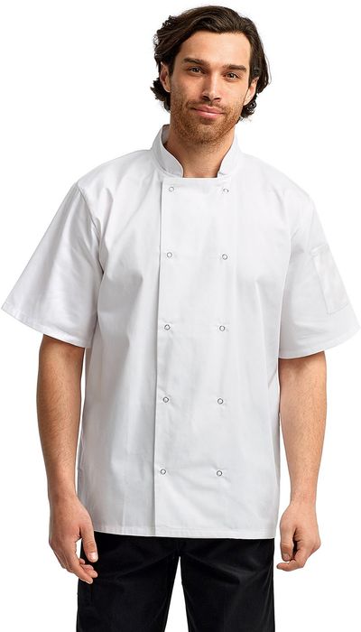An image of a Custom Artisan Collection by Reprime Unisex Studded Front Short Sleeve Chef's Jacket!