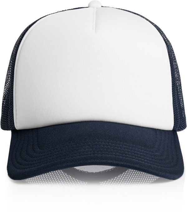 An image of a Custom AS Colour Frame Foam Two Tone Trucker in White/Navy!