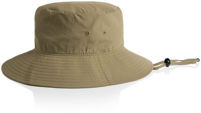 Am image of a Custom AS Colour Nylon Widebrim Bucket Hat in Khaki!