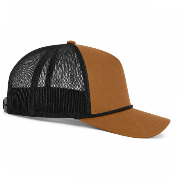 An image of a Custom ATC Everyday Cotton Twill 5 Panel Trucker Rope Cap in Caramel/Black!