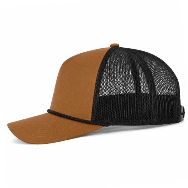 An image of a Custom ATC Everyday Cotton Twill 5 Panel Trucker Rope Cap in Caramel/Black!