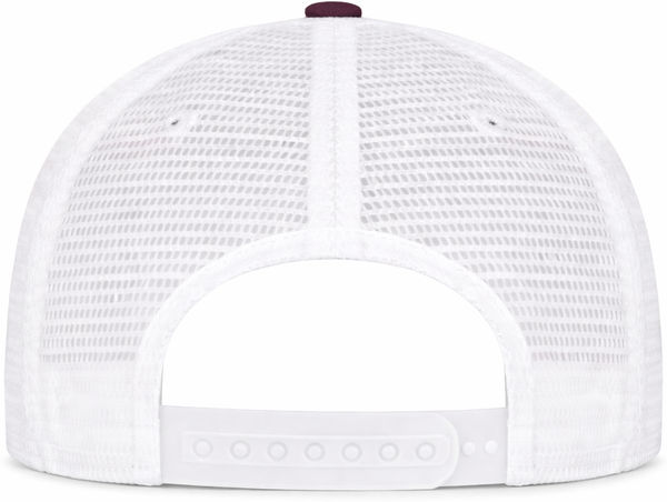 An image of a Custom ATC Everyday Snapback Trucker Cap in Maroon/White!