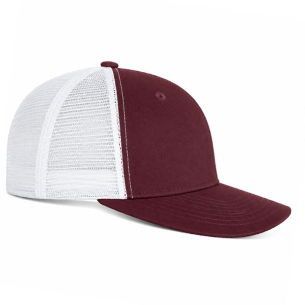 An image of a Custom ATC Everyday Snapback Trucker Cap in Maroon/White!