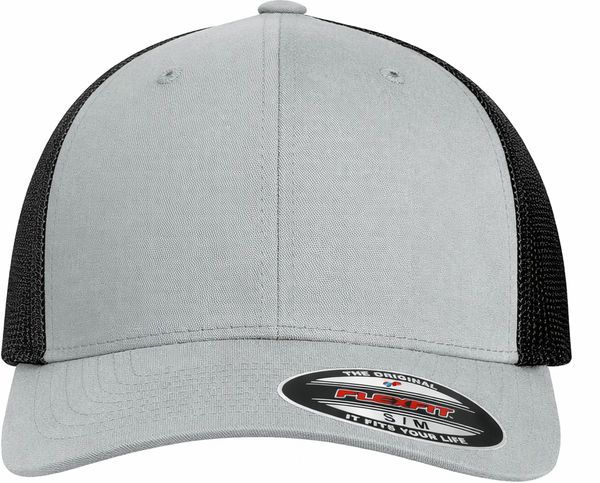 An image of a Custom ATC Flexfit® Trucker Mesh Cap in Silver/Black!