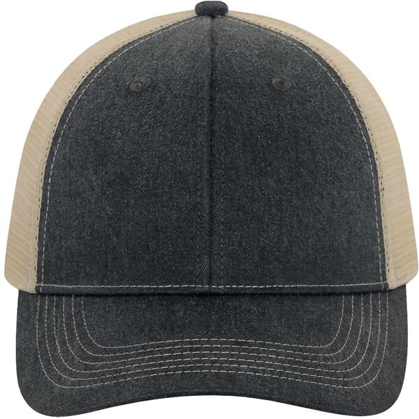 Am image of a Custom ATC Pigment Dyed Trucker Cap in Black/Creme!