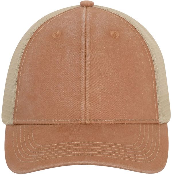 Am image of a Custom ATC Pigment Dyed Trucker Cap in Caramel/Creme!