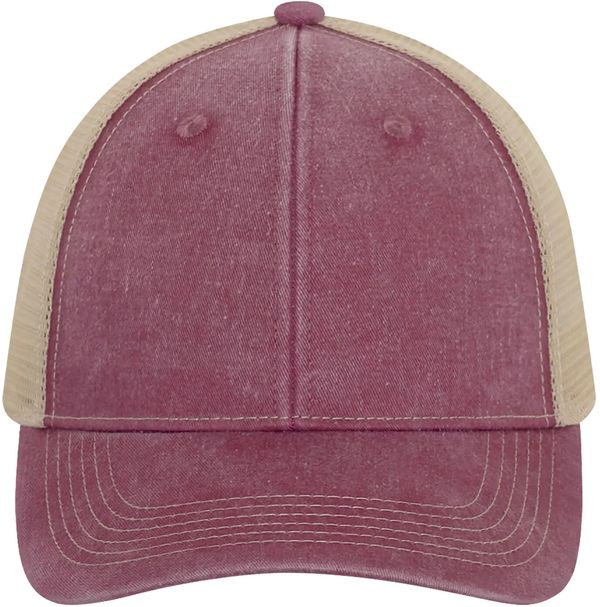 Am image of a Custom ATC Pigment Dyed Trucker Cap in Maroon/Creme!