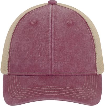 Am image of a Custom ATC Pigment Dyed Trucker Cap in Maroon/Creme!