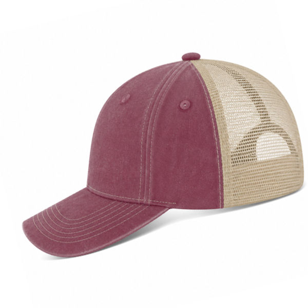 An image of a Custom ATC Pigment Dyed Trucker Cap in Maroon/Creme!