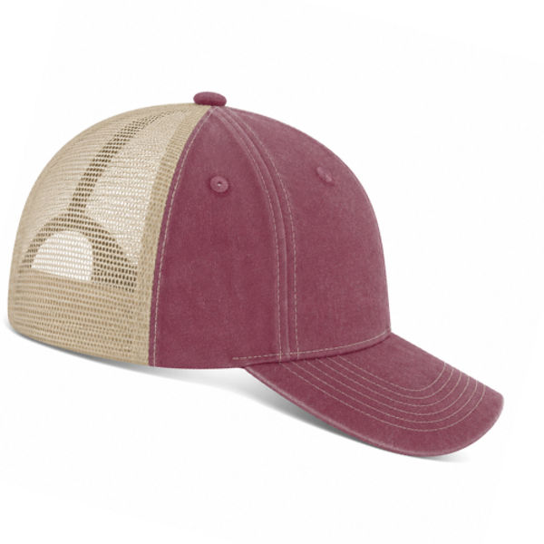 An image of a Custom ATC Pigment Dyed Trucker Cap in Maroon/Creme!