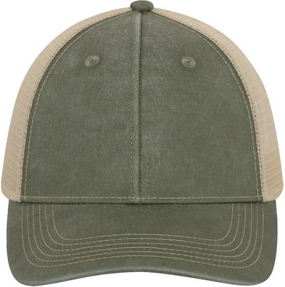Am image of a Custom ATC Pigment Dyed Trucker Cap in Military Green/Creme!
