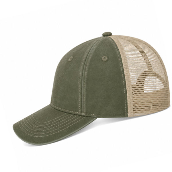 An image of a Custom ATC Pigment Dyed Trucker Cap in Military Green/Creme!