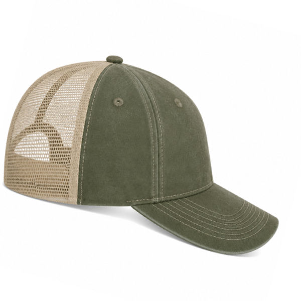 An image of a Custom ATC Pigment Dyed Trucker Cap in Military Green/Creme!