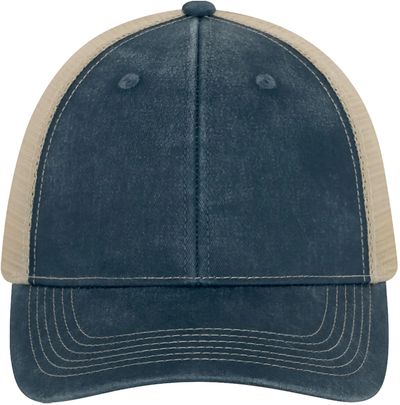Am image of a Custom ATC Pigment Dyed Trucker Cap in Navy/Creme!