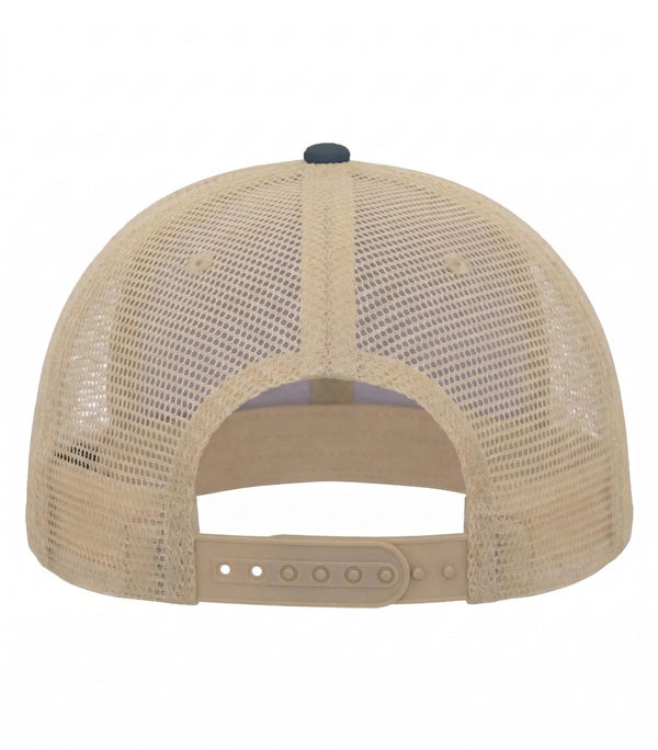 An image of a Custom ATC Pigment Dyed Trucker Cap in Navy/Creme!