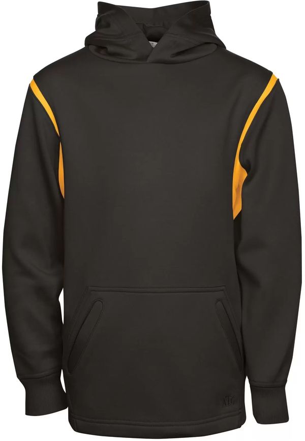 Am image of a Custom ATC Ptech Fleece Varcity Hooded Youth Sweatshirt in Black/Gold!
